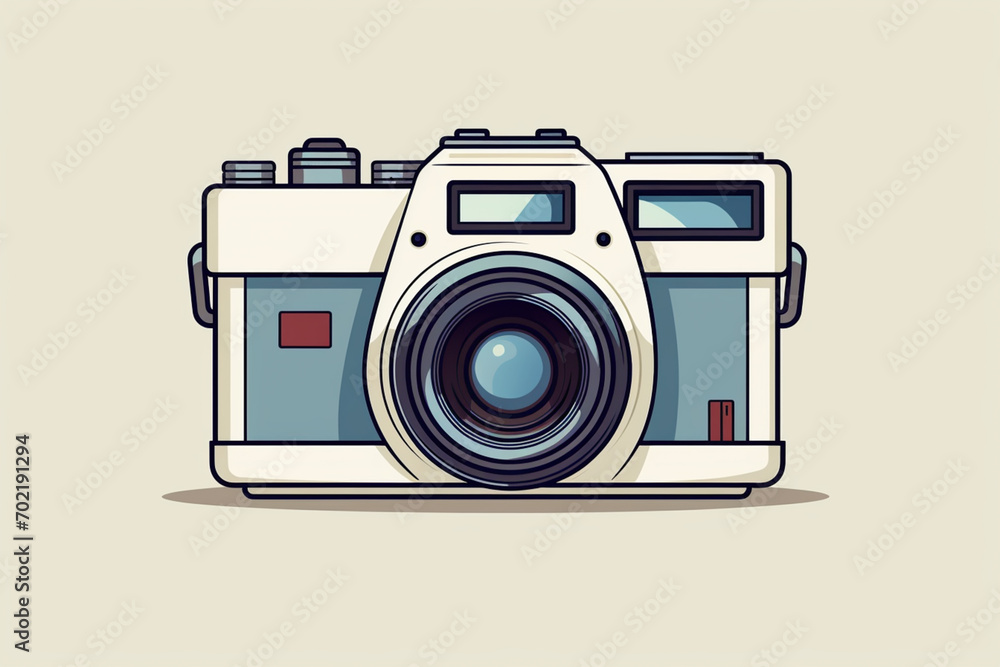 Poster a minimalistic pixel art rendition of a retro camera, fusing classic design with clean and contempor