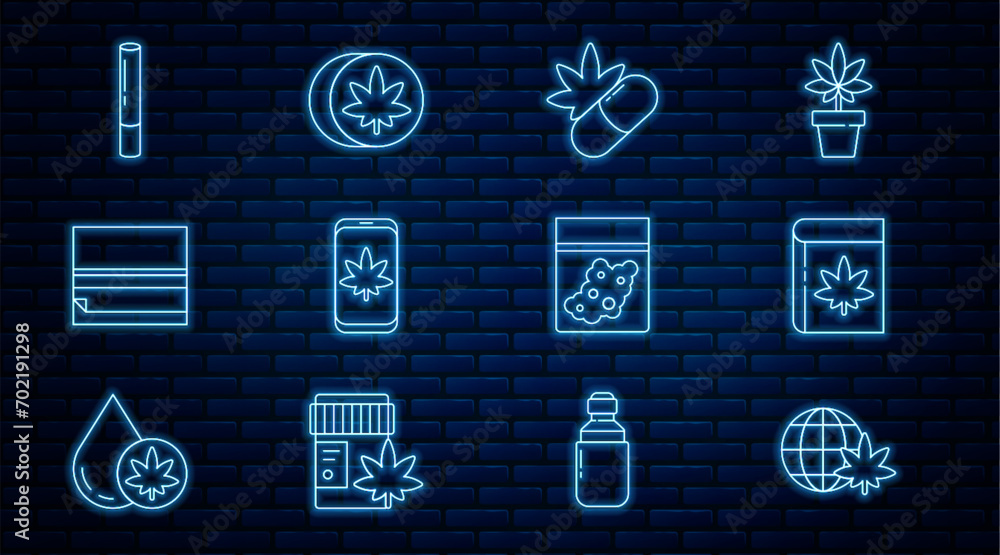 Sticker Set line Legalize marijuana globe, Book and or cannabis, Medical pills with, Mobile, Rolling paper, Marijuana joint, Plastic bag of and Herbal ecstasy tablets icon. Vector