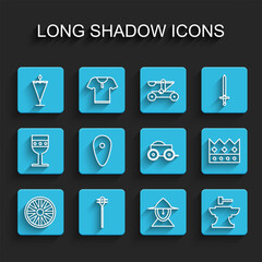 Set line Old wooden wheel, Medieval chained mace ball, flag, iron helmet, Anvil for blacksmithing hammer, Shield, King crown and Wooden four-wheel cart icon. Vector