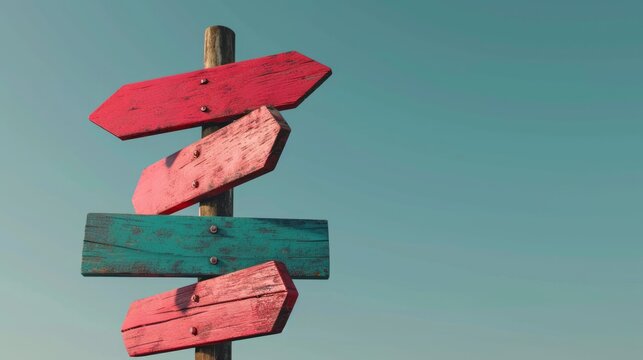 Naklejki Wooden signpost with arrows on blue sky background. 3D rendering Generative AI
