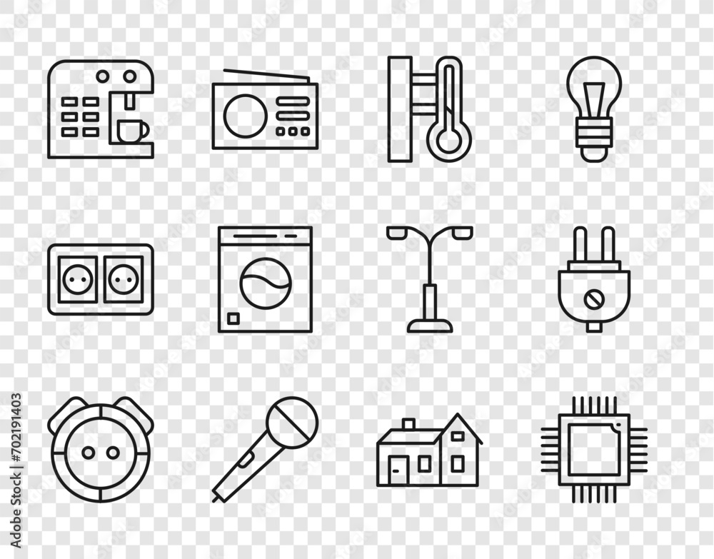 Poster set line robot vacuum cleaner, processor with microcircuits cpu, meteorology thermometer, microphone