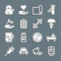 Set line IV bag, Massage table with oil, Mushroom, Fitness mat roll, Clipboard checklist, Leaf in hand, Teapot cup and Dumbbell icon. Vector