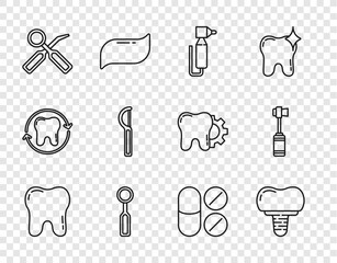 Set line Tooth, Dental implant, drill, inspection mirror, floss, Painkiller tablet and Toothbrush icon. Vector