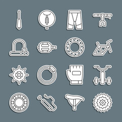 Set line Bicycle cassette, for kids, frame, Cycling shorts, pedal, lock, Screwdriver and wheel tire icon. Vector