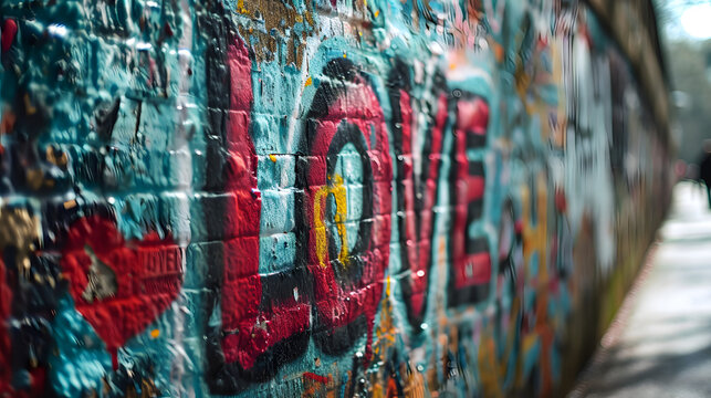Naklejki LOVE graffiti art on a urban street wall texture with blurred bokeh background