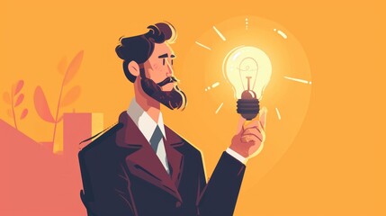 Businessman with lightbulb. illustration in cartoon style. Generative AI