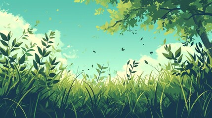 Fototapeta na wymiar Green meadow with grass and leaves. Nature background. illustration. Generative AI