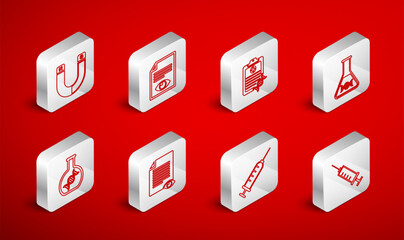 Set line Syringe, Paper page with eye, Clipboard DNA analysis, research, search, Magnet,  and  icon. Vector