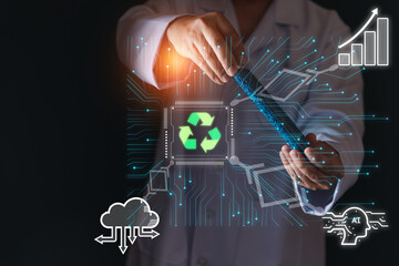Scientist holding research tube filled with plastic pellets. Technology of plastic pellet production can reuse. Business of today's world. Education and research from petrochemical plants.