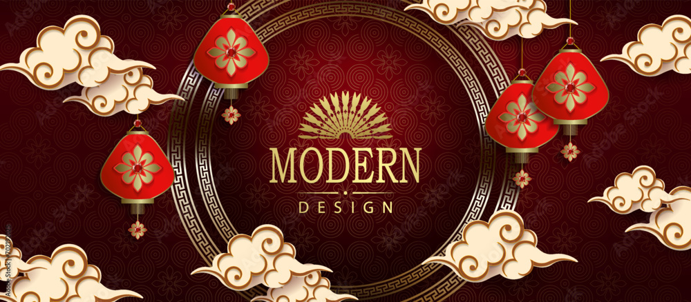Canvas Prints textured red illustration with round frame, lanterns on pendants in paper art style.