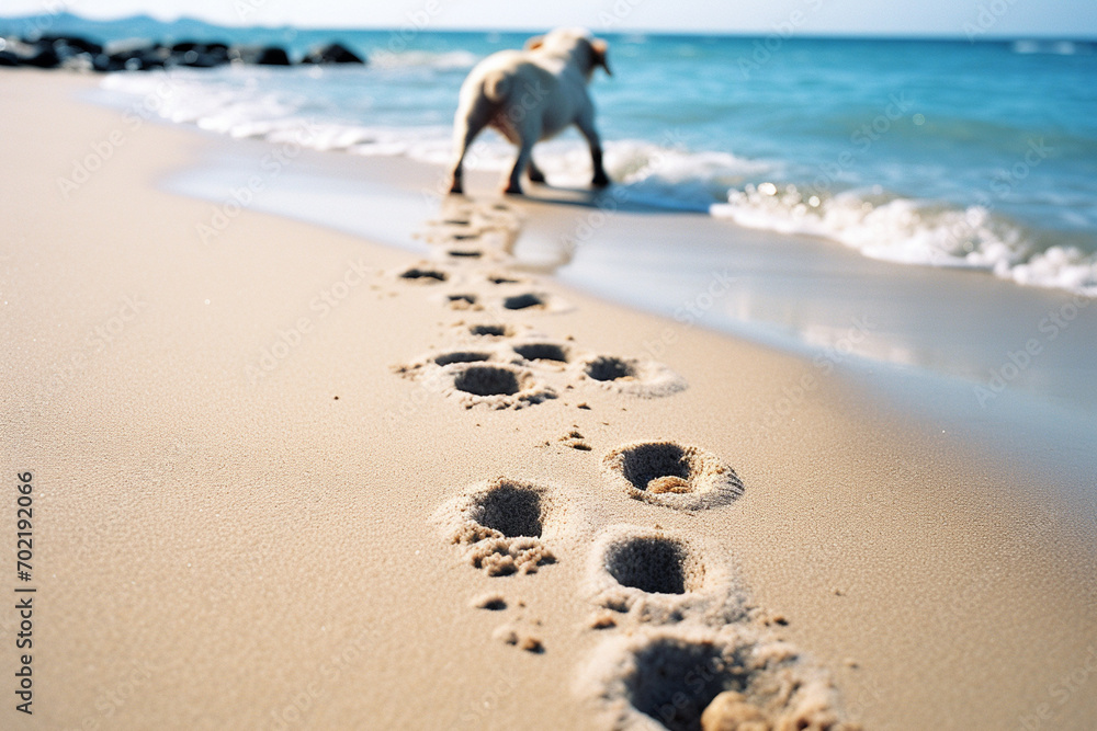 Poster a captivating image featuring a trail of paw prints imprinted in the sandy shore, capturing the esse
