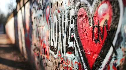 Fototapeta na wymiar LOVE graffiti art on a urban street wall texture with blurred bokeh background