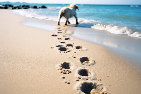 A captivating image featuring a trail of paw prints imprinted in the sandy shore, capturing the essence of a playful beach day.