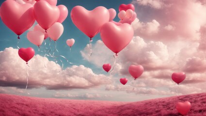 Pink balls floating in the sky. Valentine's Day