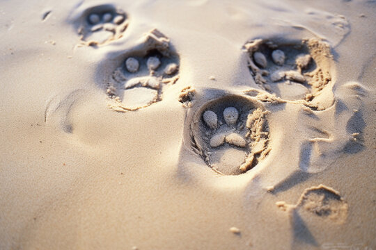 Artistic photograph showcasing animal paw prints embedded in wet beach sand, revealing the intricacies of each impression.