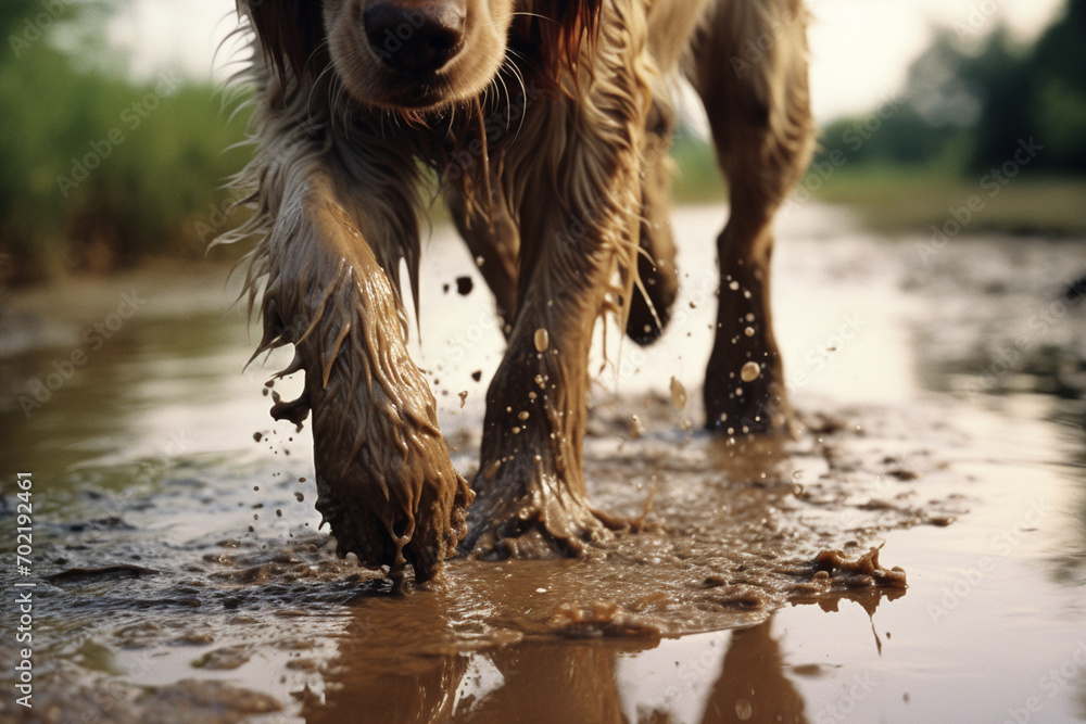 Poster Dynamic shot capturing the imprint of paw prints in wet mud, conveying a sense of movement and spontaneity.