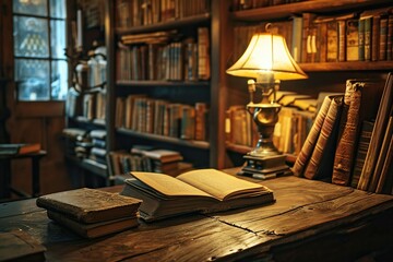 an old book spread out on a wooden desk, a lamp turned on, a shelf with old books in the background, a library