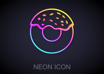 Glowing neon line Donut with sweet glaze icon isolated on black background.  Vector