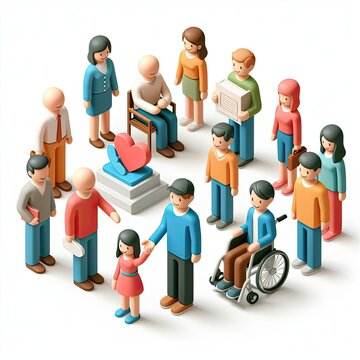 3D icon of people with different disabilities in isometric style on a white background