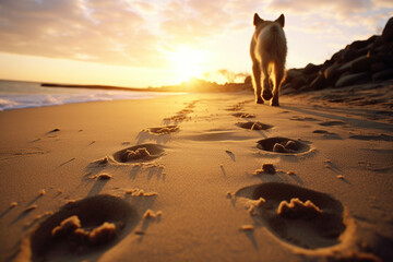 Atmospheric photo featuring dog paw prints in sand against the backdrop of a stunning sunset, combining nature and companionship. - obrazy, fototapety, plakaty