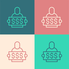 Pop art line Fortune lottery win composition with lucky winner holding prize ticket icon isolated on color background.  Vector