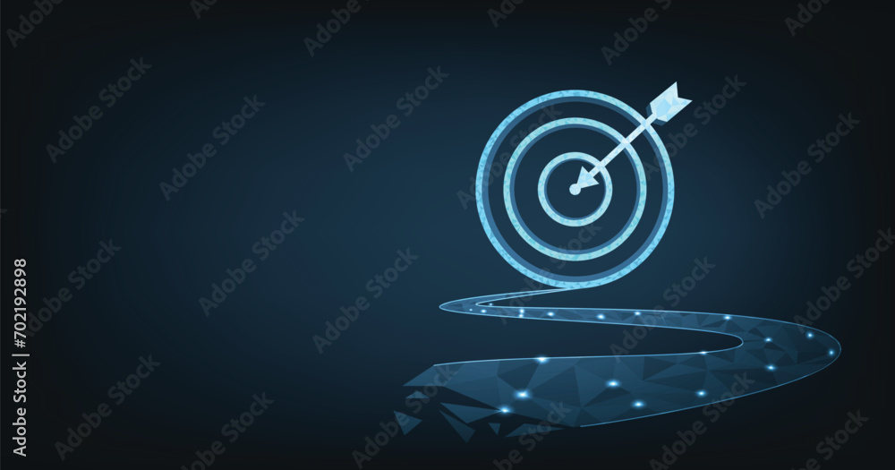 Aufkleber Set up objectives and targets for business investment concepts. The blue round-shaped target consisting of polygons with a thin arrow represents setting goals correctly on a dark background.