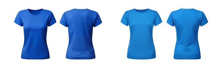 realistic set of female blue t-shirts mockup front and back view isolated on a transparent background, cut out - obrazy, fototapety, plakaty