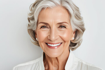 Fototapeta premium Portrait of beautiful older woman smiling and standing by white wall. A place for text, a banner for advertising.