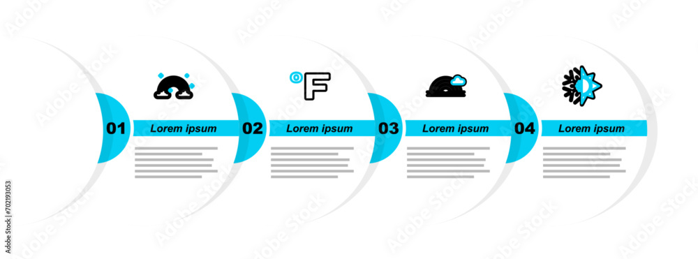 Poster set line sun and snowflake, rainbow with cloud, fahrenheit and clouds icon. vector