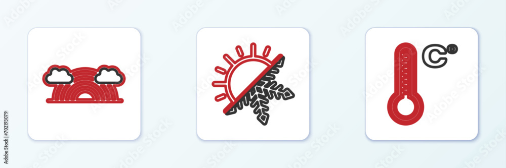 Poster set line meteorology thermometer, rainbow with clouds and sun and snowflake icon. vector