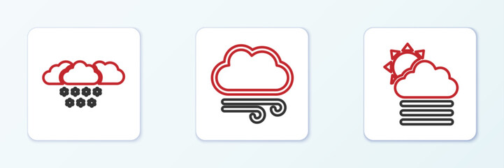 Set line Fog and cloud with sun, Cloud snow and Windy weather icon. Vector