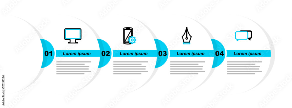 Poster set line chat, fountain pen nib, setting on smartphone and computer monitor screen icon. vector