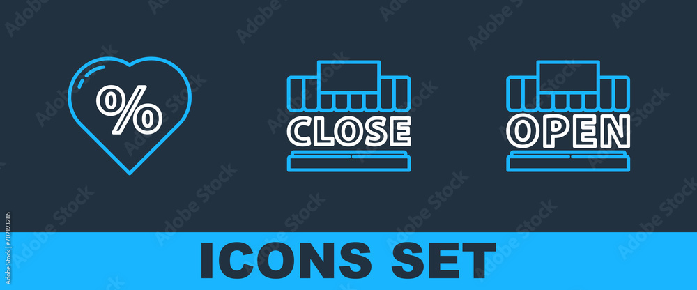 Poster set line shopping building and open, discount percent tag heart and text closed icon. vector