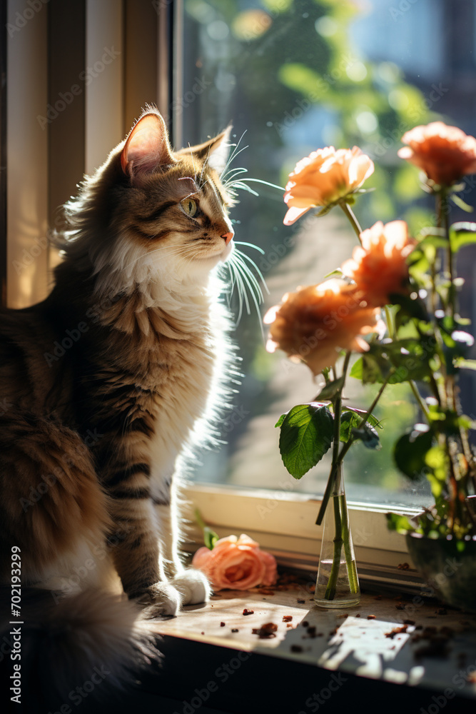 Leinwandbilder cozy and intimate image featuring the shadow of a cat's tail on a sunlit window sill, emphasizing th