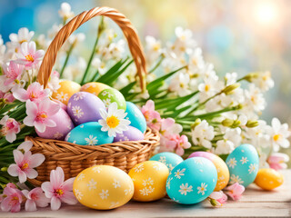 Fototapeta na wymiar Colorful decorated easter eggs in a basket with spring flowers in the background