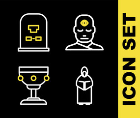 Set line Man with third eye, Monk, Christian chalice and Tombstone RIP written icon. Vector