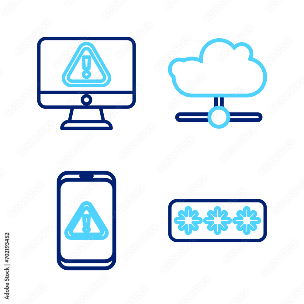 Poster set line password protection, mobile with exclamation mark, network cloud connection and monitor ico