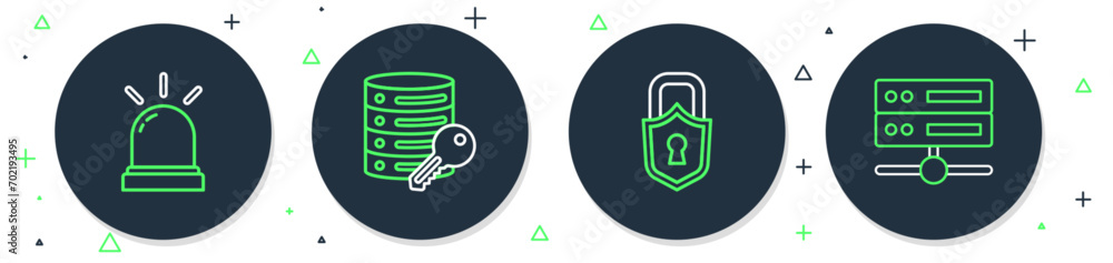 Poster set line server security with key, lock, motion sensor and server, data, web hosting icon. vector