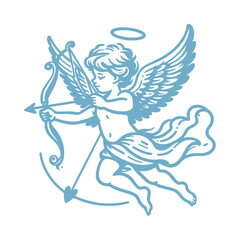 Fototapeta premium Cupid angel with wings, bow and arrow one line drawn