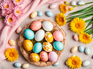 Fototapeta na wymiar Colorful decorated easter eggs in a nest on a table with spring flowers, top view
