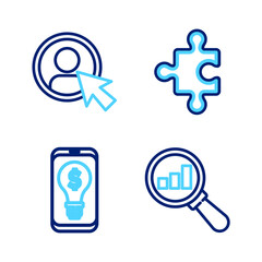 Set line Magnifying glass and analysis, Light bulb with dollar on mobile, Piece of puzzle and Create account screen icon. Vector