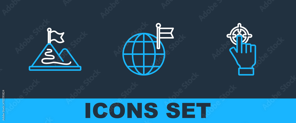 Poster set line target, mountains with flag and planet icon. vector
