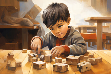 5-year-old Caucasian boy with autism playing with building blocks in a special education classroom, showing intense focus on his task