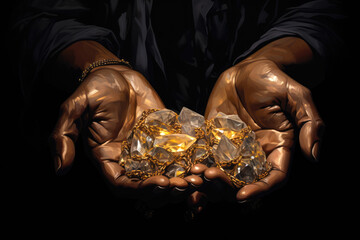 Illustration of sin Greed: Hands grasping for gold and gems, dark background - obrazy, fototapety, plakaty