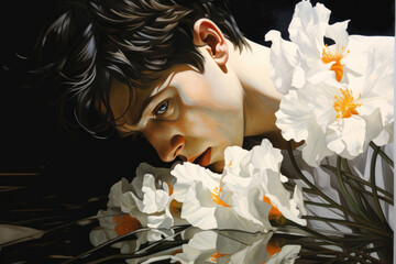 A handsome young guy loves himself madly, narcissistic mood, daffodil flowers - obrazy, fototapety, plakaty