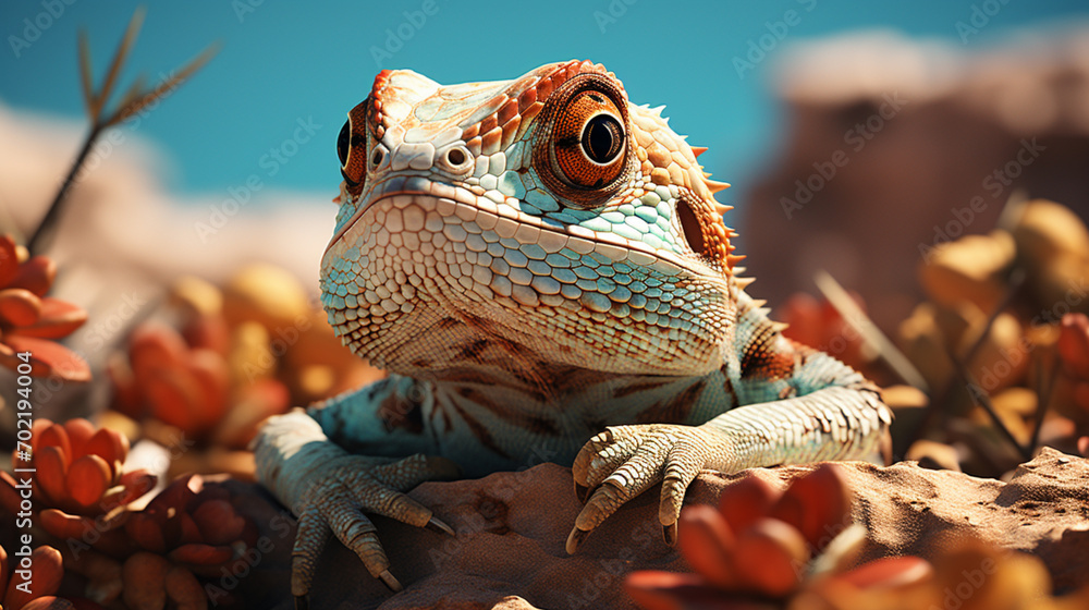 Poster serene pixel art of a gecko sunbathing on a pixelated rock, combining reptilian grace with the simpl