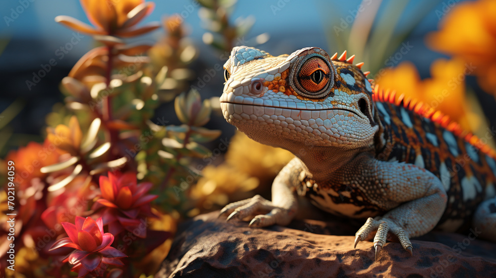 Poster serene pixel art of a gecko sunbathing on a pixelated rock, combining reptilian grace with the simpl
