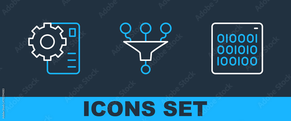 Poster Set line Binary code, Neural network and Funnel filter icon. Vector