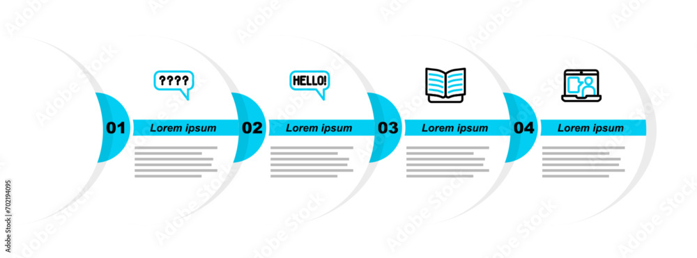 Poster set line foreign language online study, open book, hello different languages and speech bubbles with