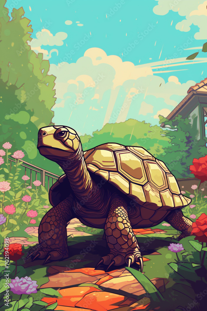 Poster leisurely pixel art of a tortoise taking a slow stroll in a pixelated garden, radiating retro reptil